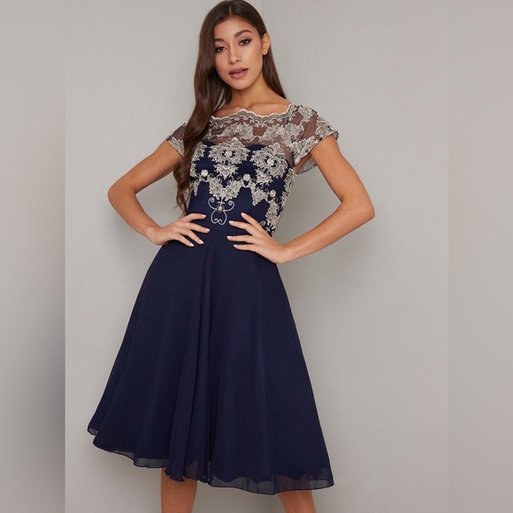 Chi Chi London Cap Sleeved Lace Bodice Chiffon Midi Dress in Navy Blue - Size XS - Picture 2 of 8